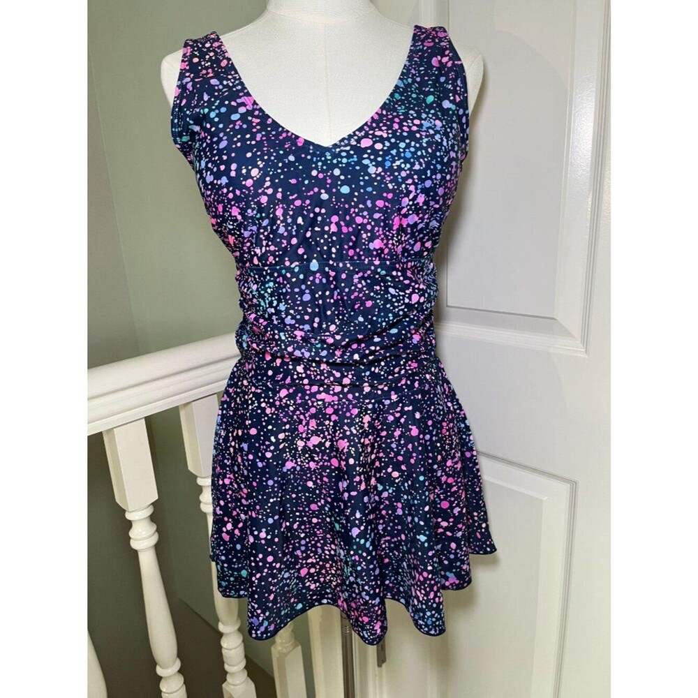 Younique Navy One-Piece Swimdress L Pink Teal Paint Splatter Design Artsy NWT